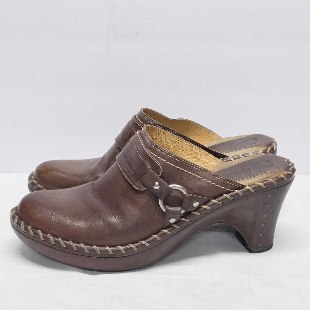 FRYE Ring Harness Belted Clog Mules Brown Leather Women's 9M Boho Western Grunge